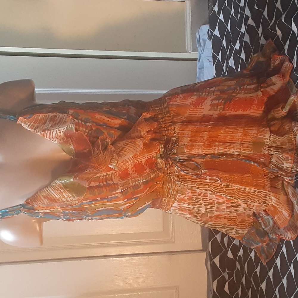 Lucy & Co Orange Multi Print Ruffle Mini Dress Size Small Boho Tie Waist - Picture 2 of 12